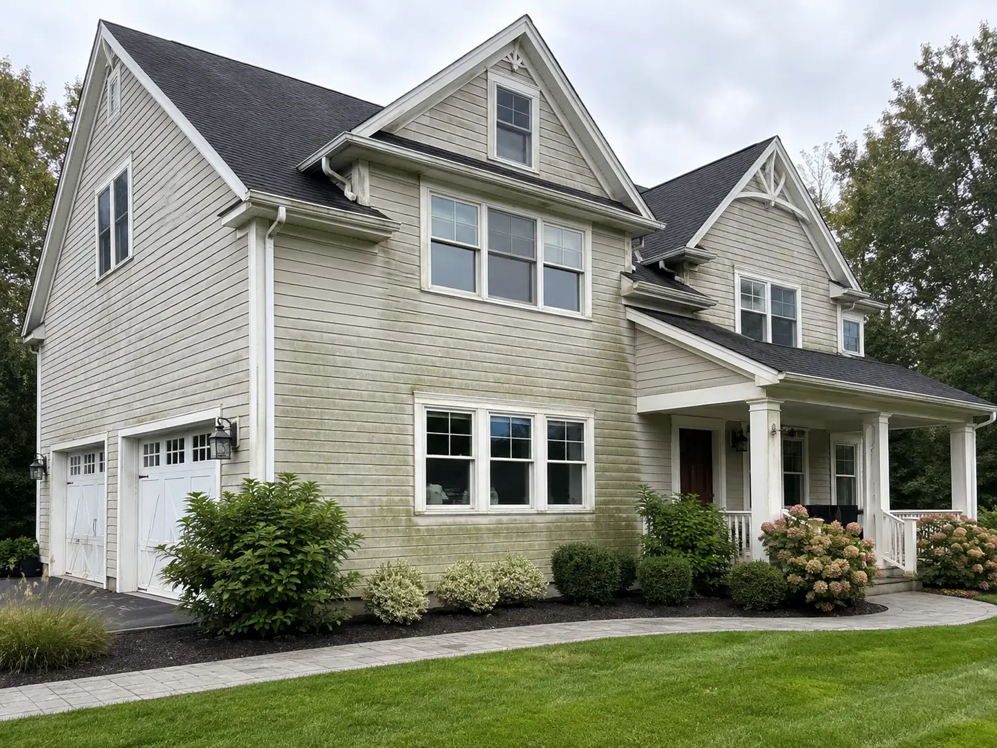 Illustrative before view of house siding with visible organic staining.