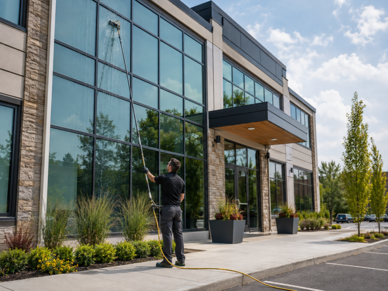 Temporary AI placeholder showing a worker cleaning the glass exterior of a commercial building.