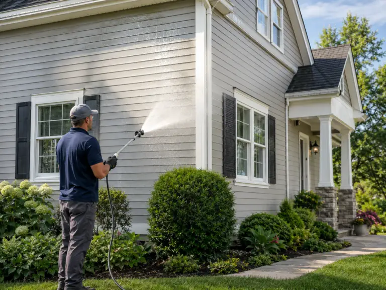 Temporary AI placeholder showing a worker cleaning residential siding.