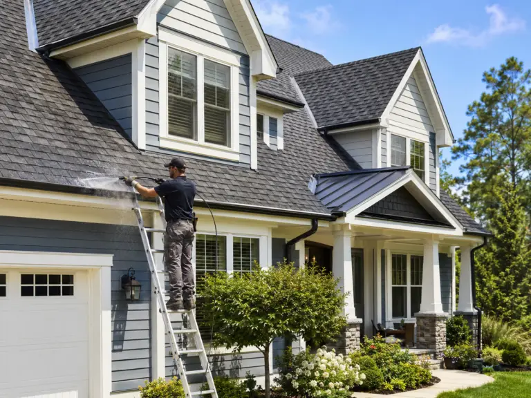 Temporary AI placeholder showing a worker cleaning a residential roofline and gutter from a ladder.