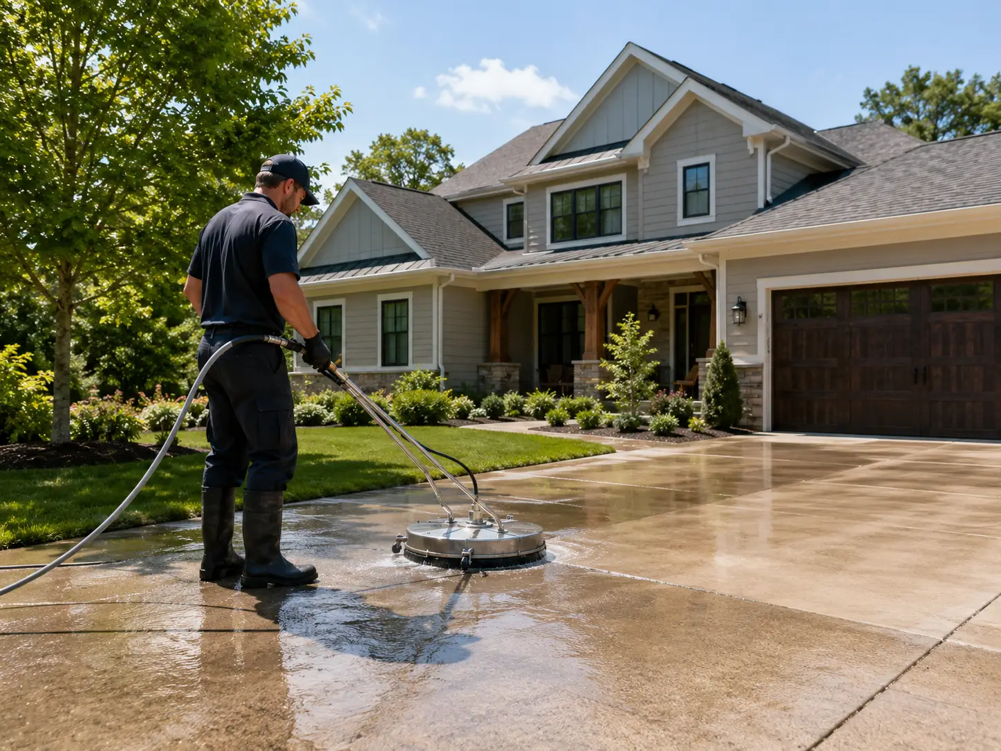 Technician pressure washing a concrete driveway outside a residential property