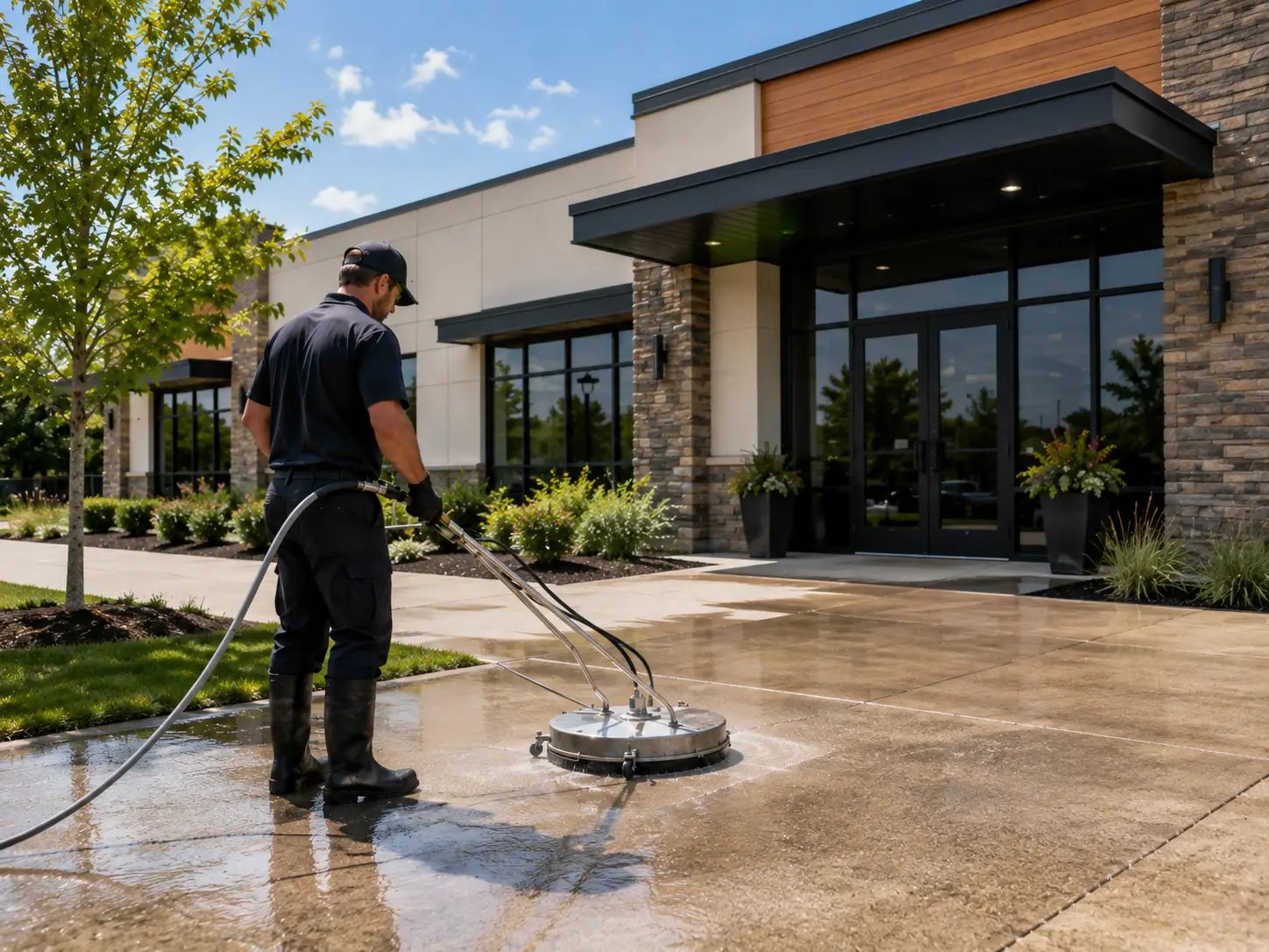 Technician pressure washing exterior concrete outside a commercial property