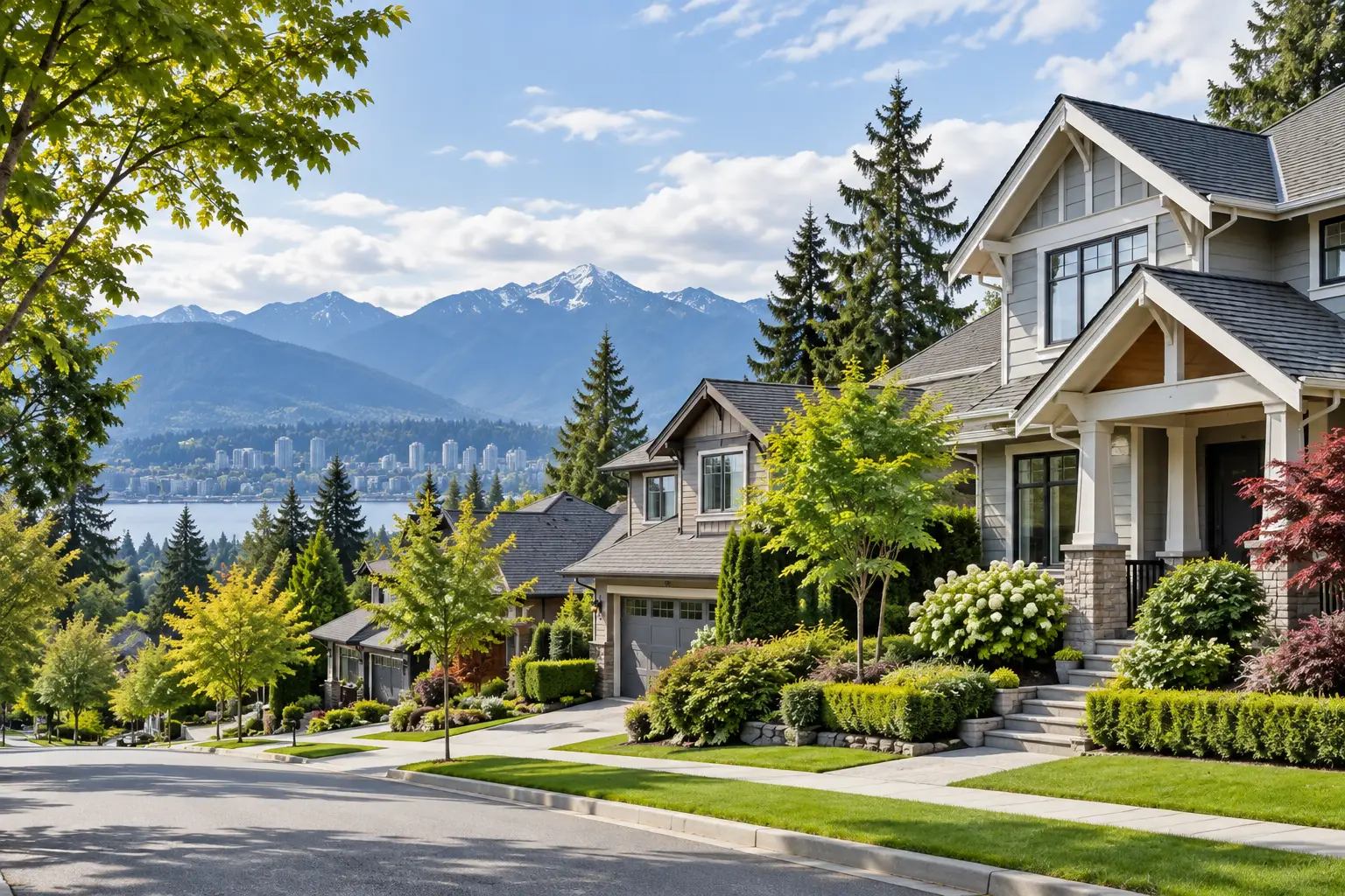 Residential neighborhood with homes, trees, and mountains in Metro Vancouver