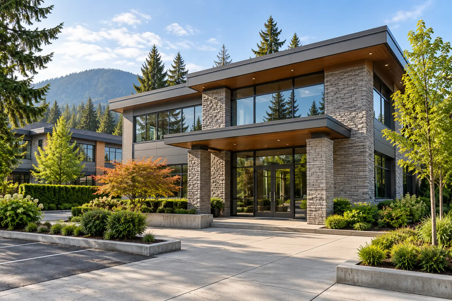 Modern low-rise commercial property with a landscaped entry in a Metro Vancouver setting