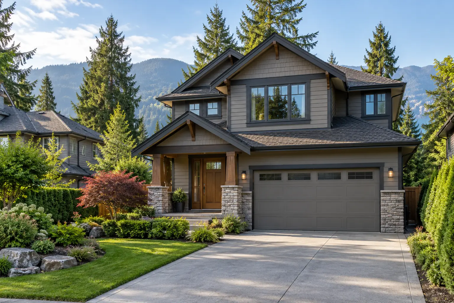 West Coast-style residential home in a landscaped Metro Vancouver neighborhood