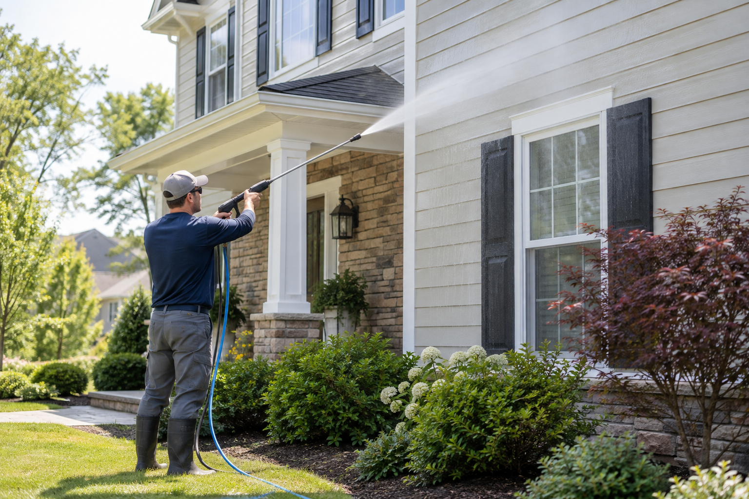 Technician cleaning residential exterior siding