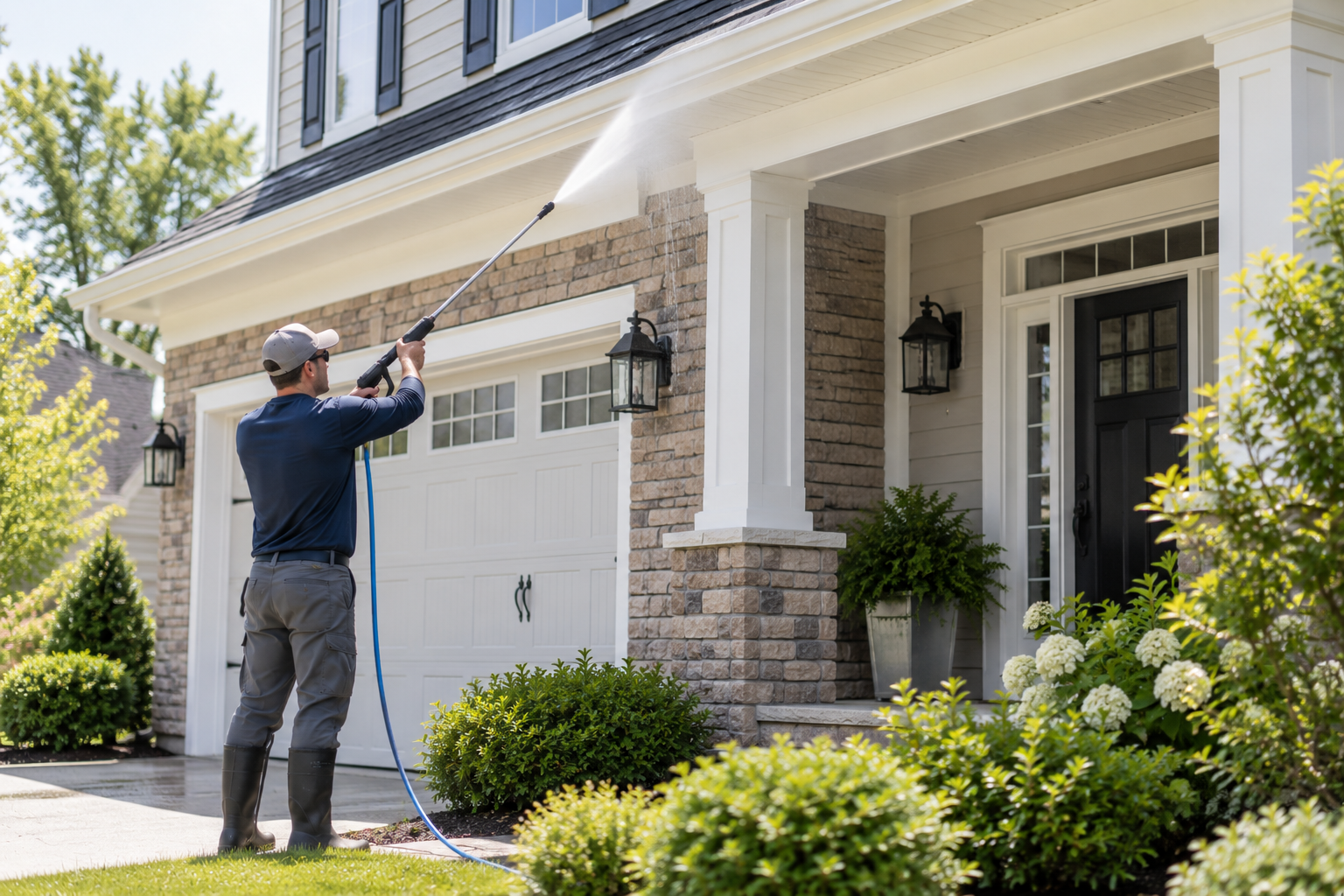 Technician cleaning residential soffit and exterior trim