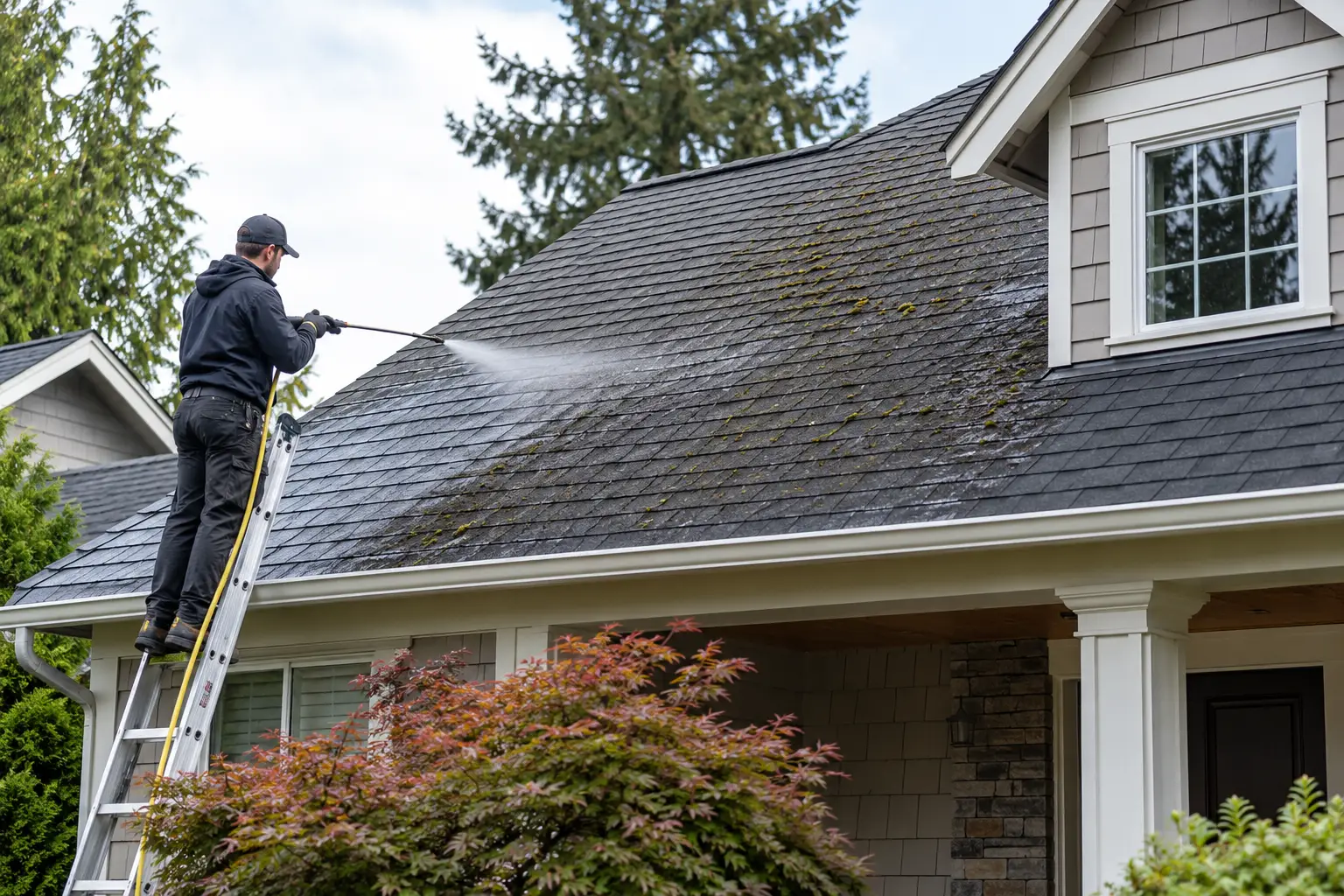 Technician cleaning a residential asphalt-shingle roof