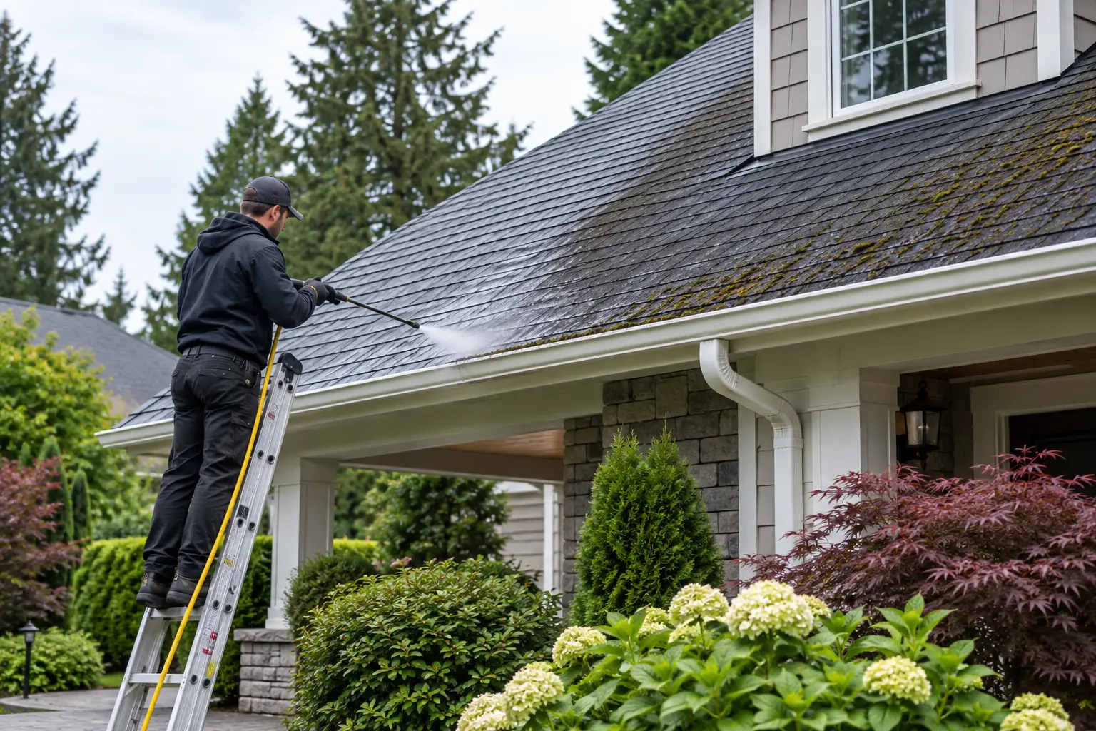 Technician cleaning a residential roof near the gutter and landscaping