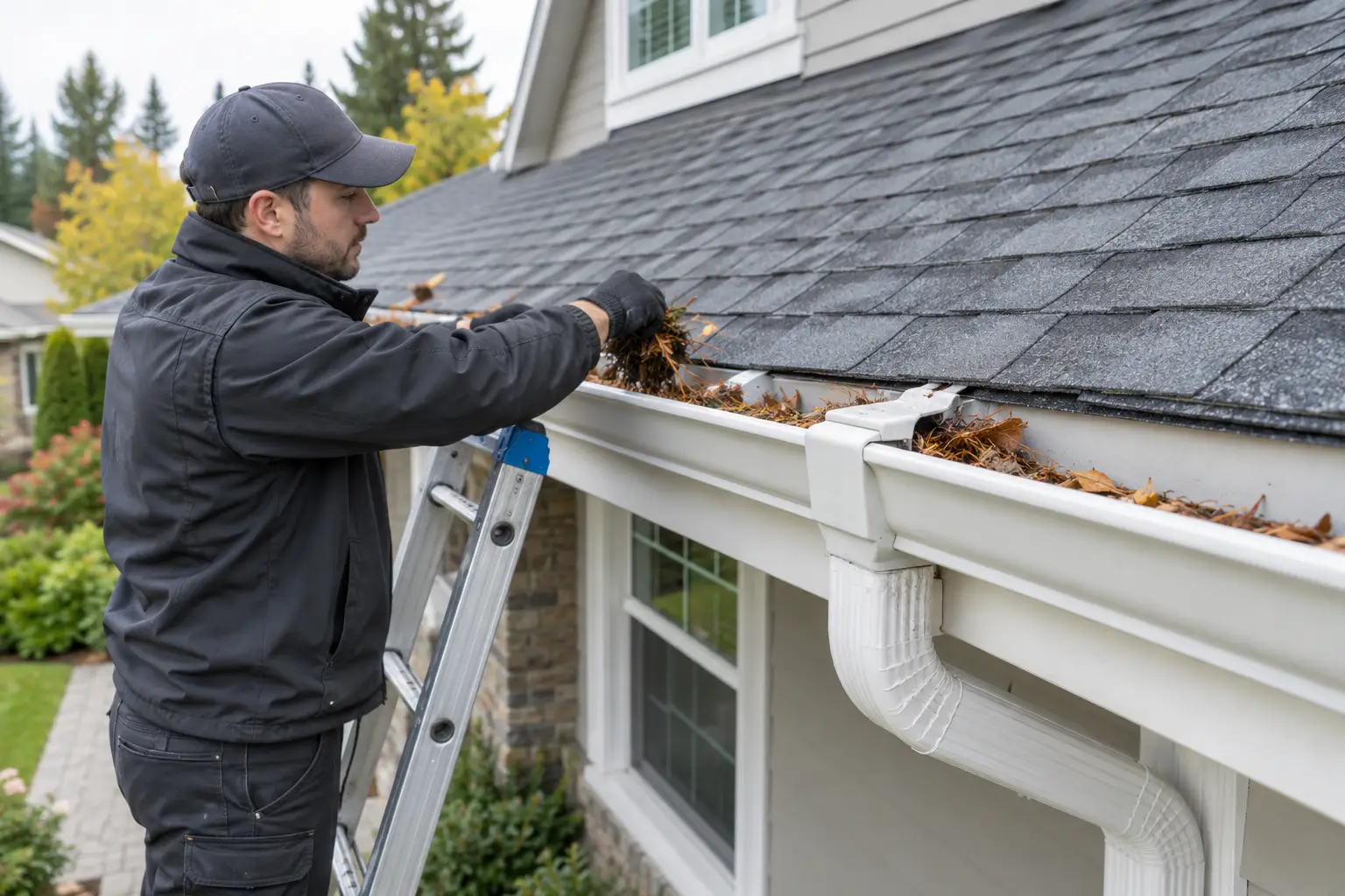 Technician removing debris from a residential gutter