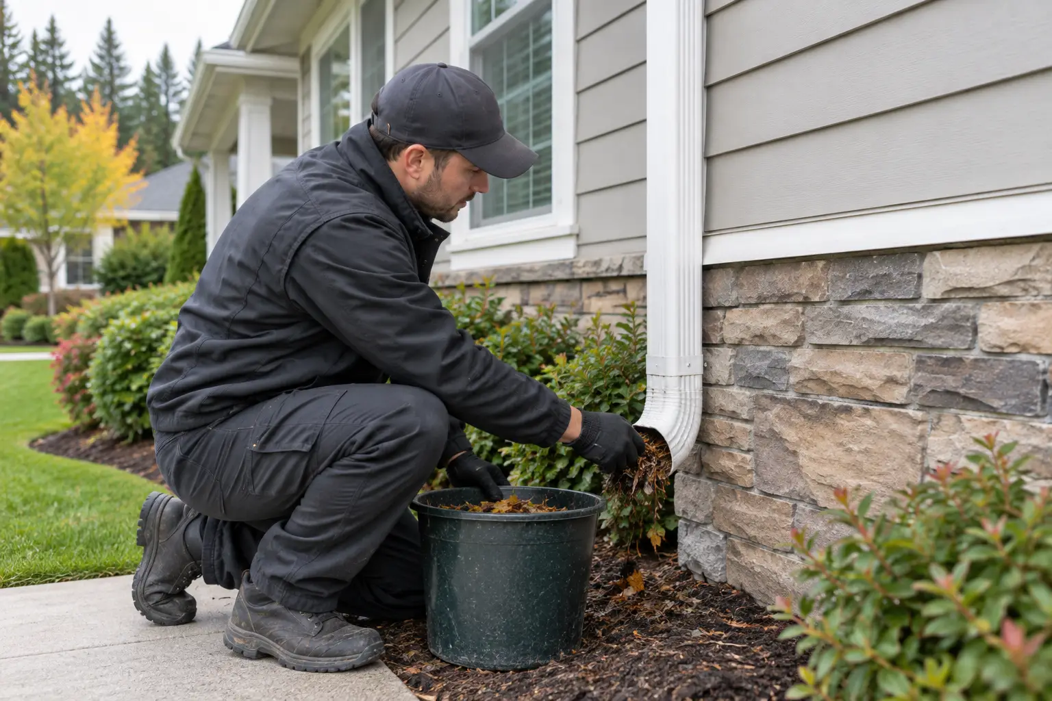 Technician clearing debris near a residential downspout