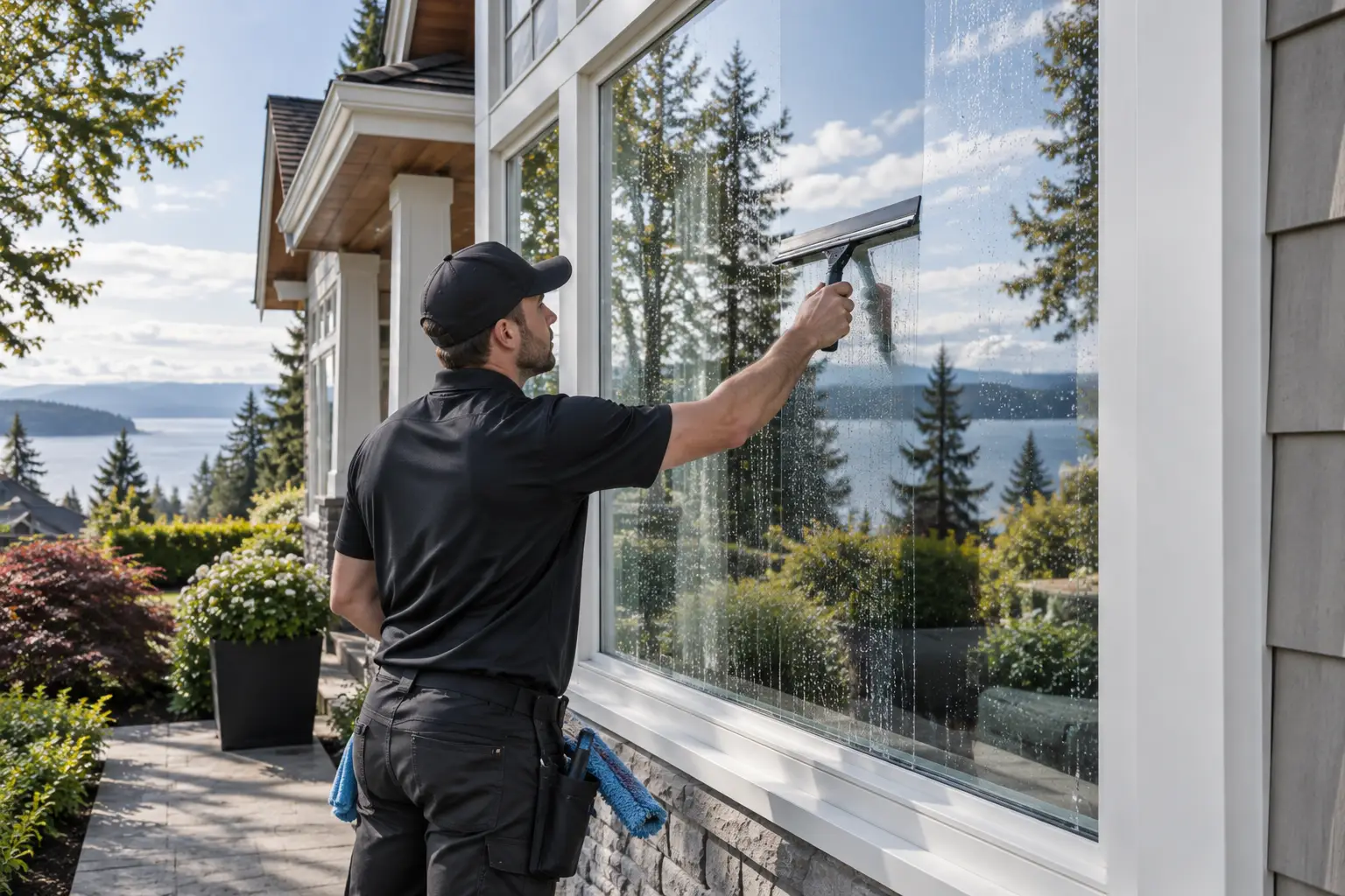 Technician cleaning exterior residential window glass with a squeegee