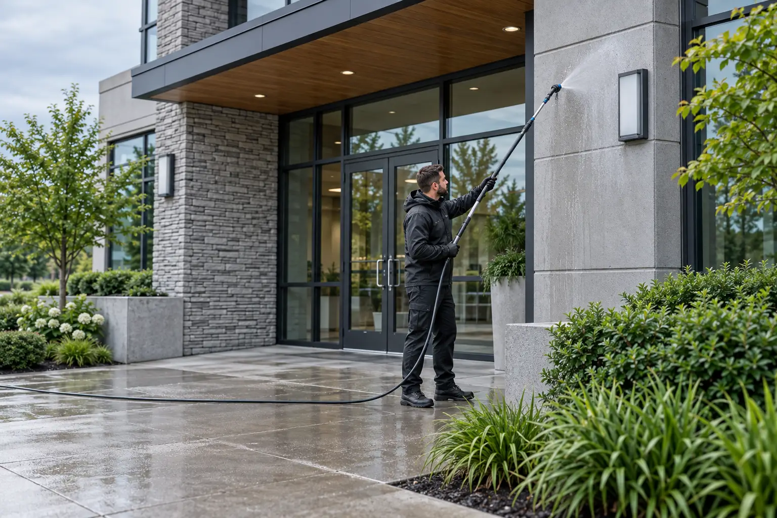 Technician cleaning the exterior wall of a commercial building near the entrance