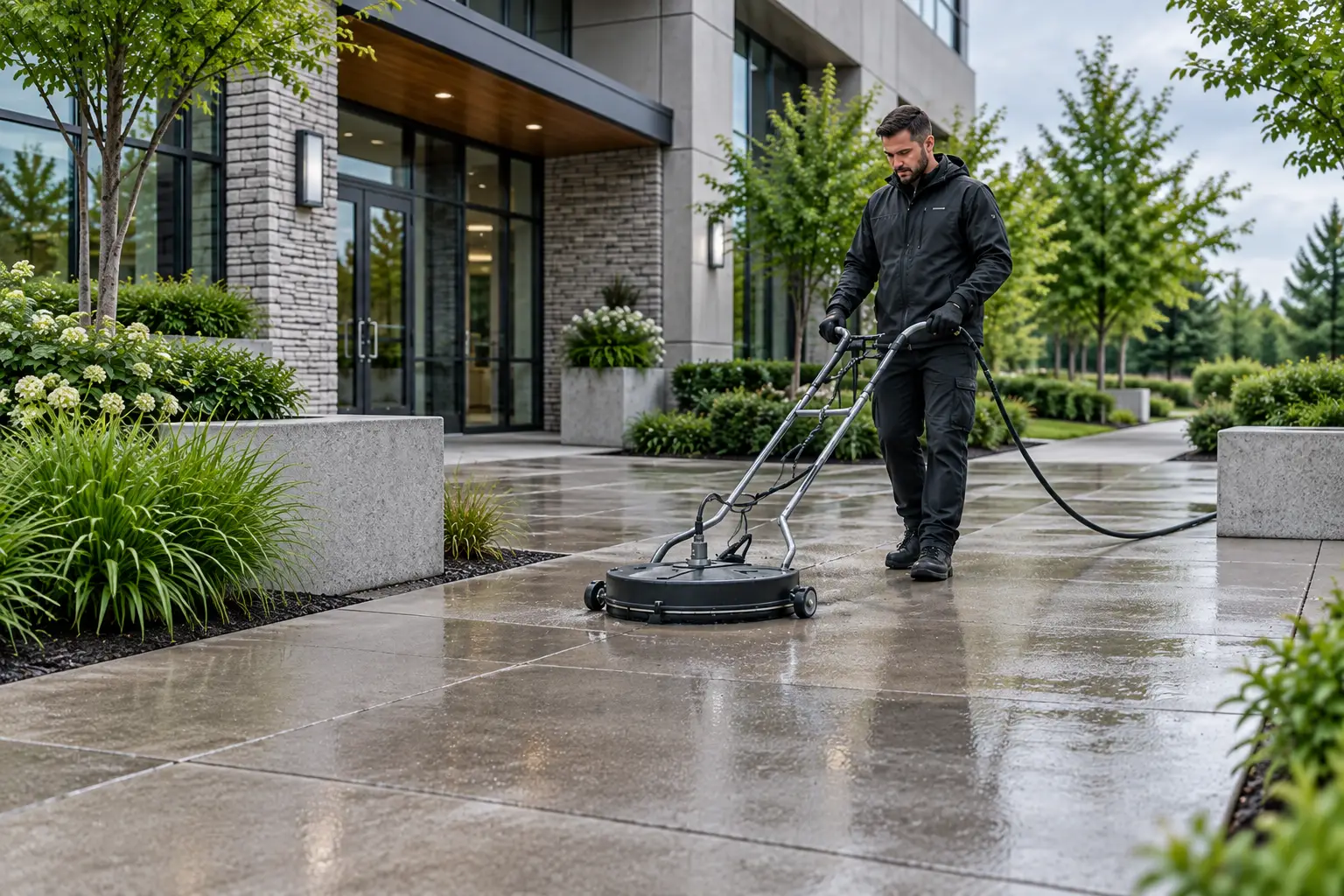 Technician using a rotary surface cleaner on a commercial walkway