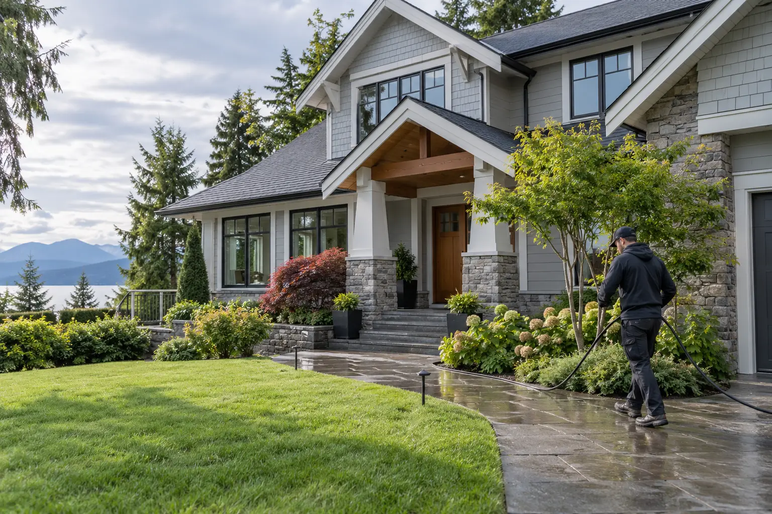 Exterior-cleaning technician working beside a well-maintained residential property