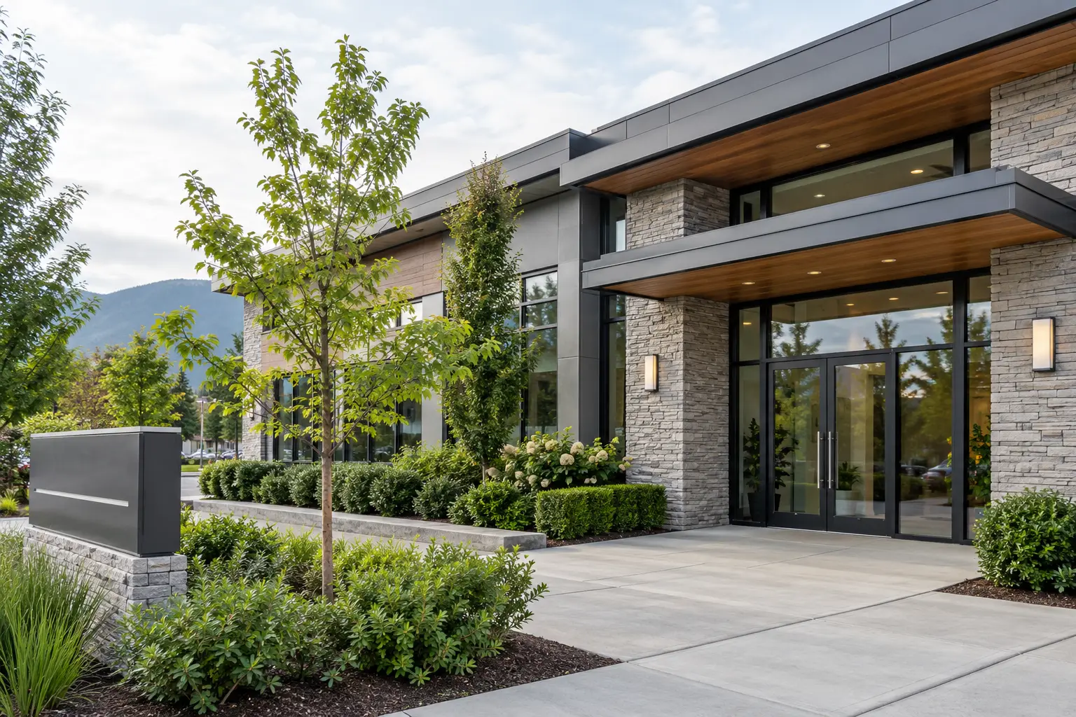 Well-maintained professional commercial property with landscaped entrance