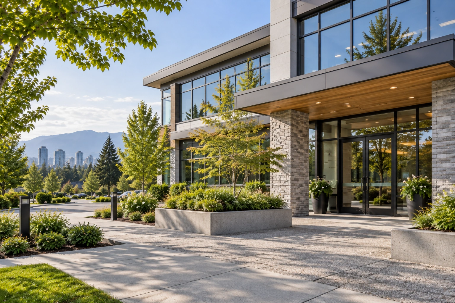 Modern low-rise commercial building with a landscaped entrance and concrete walkways.