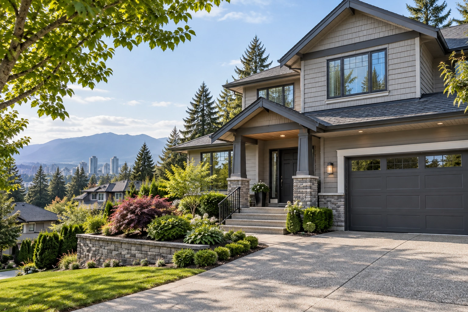 Modern detached home with a concrete driveway, front steps and landscaped entrance.